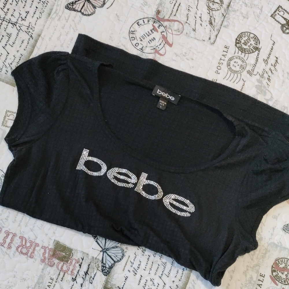 Bebe Black Short Sleeve Tee with Silver Accents